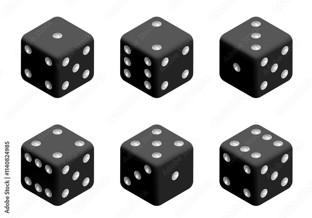 Black dice with white dots. Vector set isolated on white background. 3d dice. Black dice with white dots. Vector set isolated on white background. 3d dice.