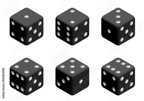 Black dice with white dots. Vector set isolated on white background. 3d dice.