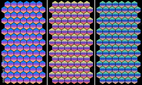 Set of vertical shiny iridescent gradient textures, backgrounds. Hexagonal honeycombs are arranged in rows on a black background.