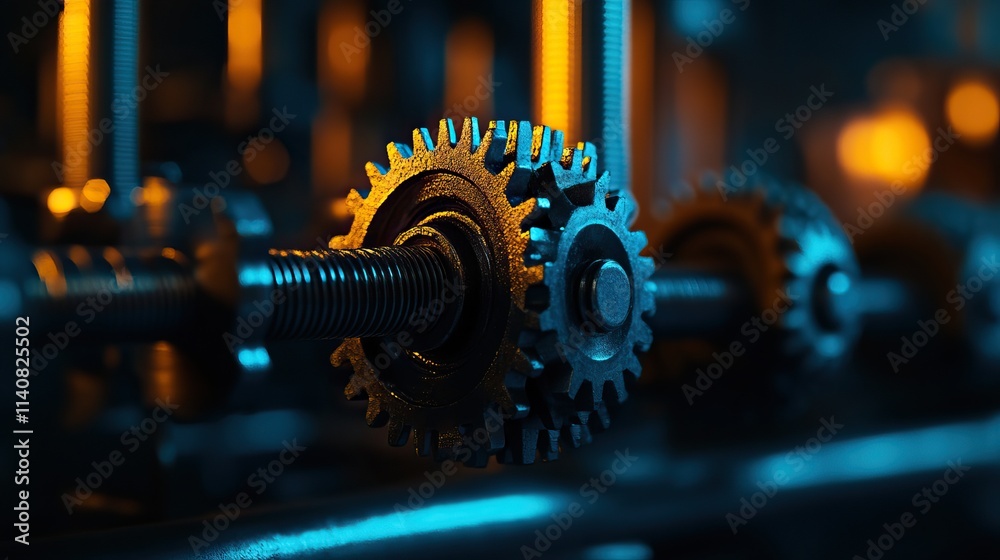 A close-up of metallic gears interlocked in a machine, illuminated by vibrant blue and orange lighting, showcasing intricate details and industrial design. A close-up of metallic gears interlocked in a machine, illuminated by vibrant blue and orange lighting, showcasing intricate details and industrial design.