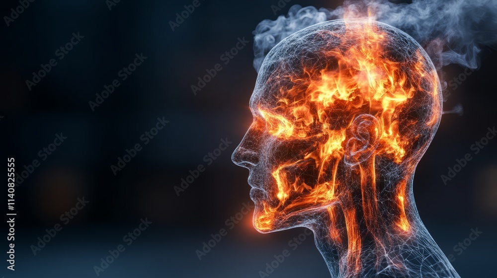 An abstract representation of a head with flames and smoke illustrating mental burnout in a dark background An abstract representation of a head with flames and smoke illustrating mental burnout in a dark background