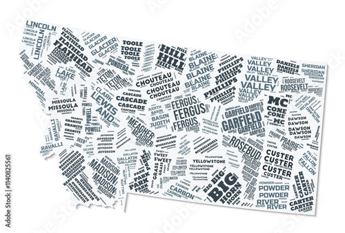 Montana shape text cloud. State border with shadow on white background. Montana with counties division in vintage gazette style. Creative vector illustration.