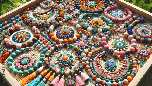 Detailed and Colorful Symmetrical Pattern with Beads or Stones