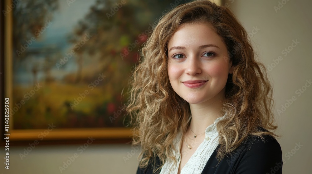 Fototapeta premium Smiling woman, curly blonde hair, near landscape painting.