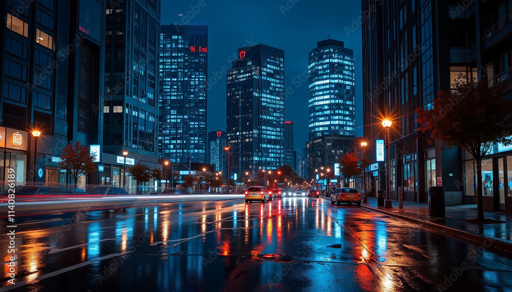 Illuminated city street at night with vibrant reflections and modern skyscrapers