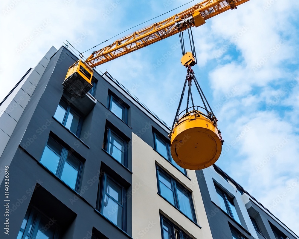 Fototapeta premium A construction crane lifts a yellow load near a modern building against a blue sky, showcasing urban development and engineering.