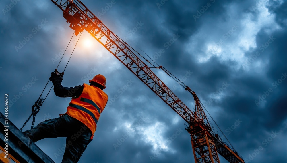 Fototapeta premium A construction worker operates a crane against a dramatic sky, highlighting the blend of industry and nature during twilight.