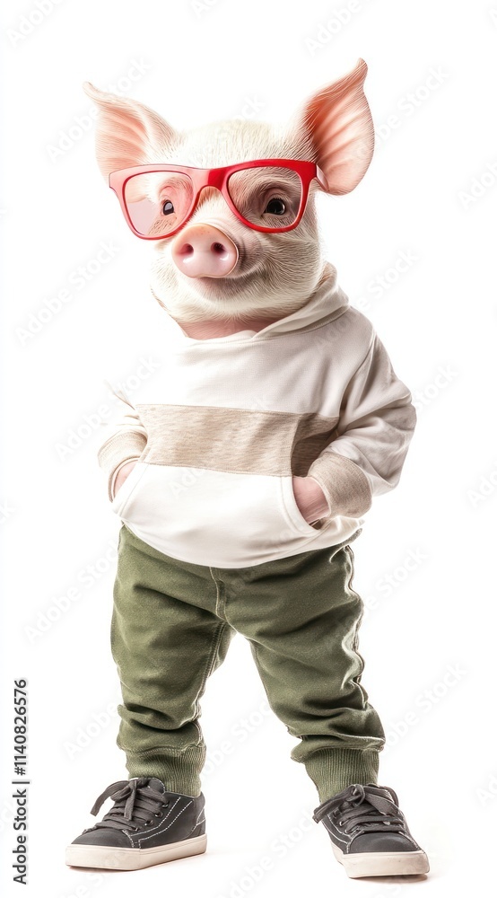 A cartoonish pig wearing glasses and a hoodie, posing in a playful manner. A cartoonish pig wearing glasses and a hoodie, posing in a playful manner.