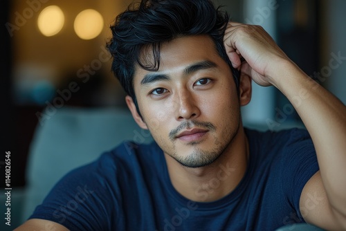 Handsome asian man touching his hair and posing