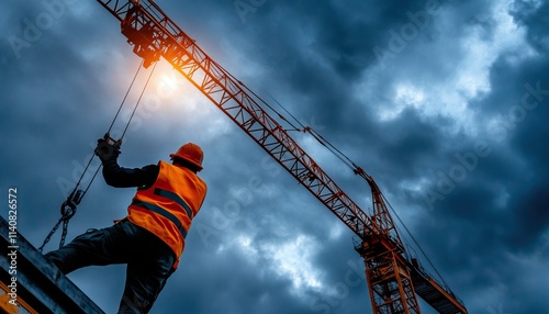 A construction worker operates a crane against a dramatic sky, highlighting the blend of industry and nature during twilight. photo