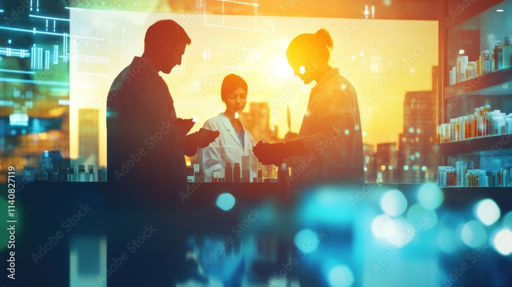 Three professionals collaborate in a lab, surrounded by scientific elements and a sunset backdrop. Three professionals collaborate in a lab, surrounded by scientific elements and a sunset backdrop.