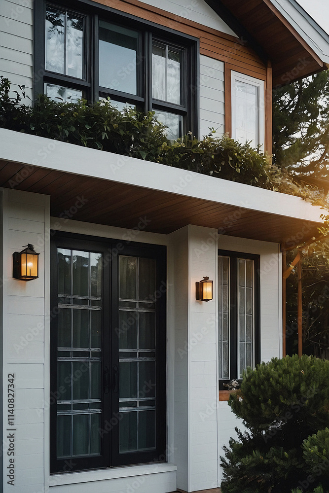 Two-Story House Exterior with French Doors and Wall-Mounted Lights Two-Story House Exterior with French Doors and Wall-Mounted Lights