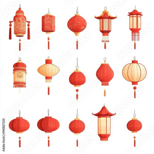 Chinese New Year Icons vector set. Chinese paper lantern and red lamp isolated icons of Asian Lunar New Year holiday decoration vector. Oriental culture tradition illustration.