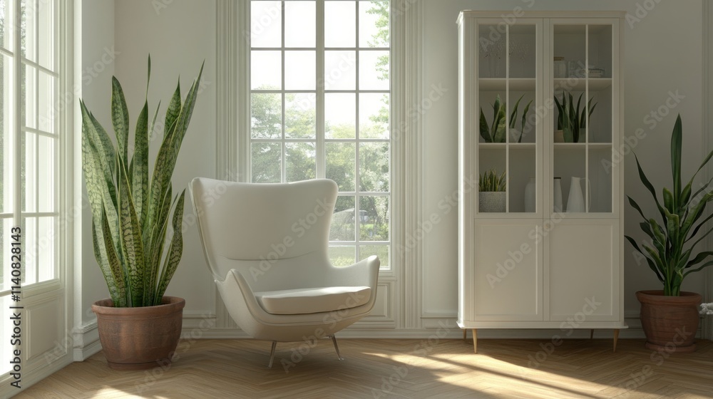 A bright, modern living space featuring a stylish chair, plants, and a glass cabinet. A bright, modern living space featuring a stylish chair, plants, and a glass cabinet.