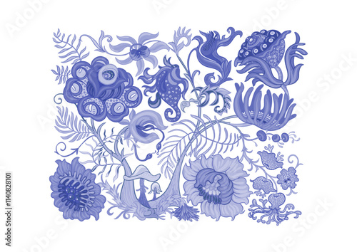 Fantasy, alien hypnotic flowers, decorative flowers and leaves. Cartoon style. Millefleurs trendy floral design. Clip art, set of elements for design Outline hand drawing vector illustration.