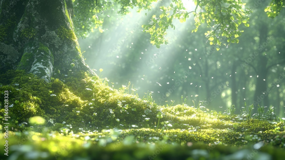 Obraz premium Enchanted Forest Dawn: Sunbeams through Canopy Illuminating Mossy Undergrowth