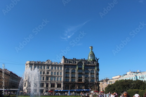 Singer Building, Hermitage Museum Building, Winter Palace, Alexander Column, Palace Square in St. Petersburg, Nevski Prospect, Neva River and tour boats, Peter Pavel Fortress. 
   St.Petersburg Russia