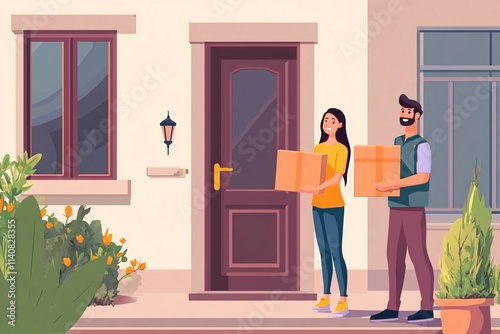 Friends delivering packages to a cozy home on a sunny afternoon
