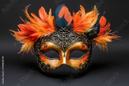 Venetian mask with orange feathers and gold decorations posing on dark background photo