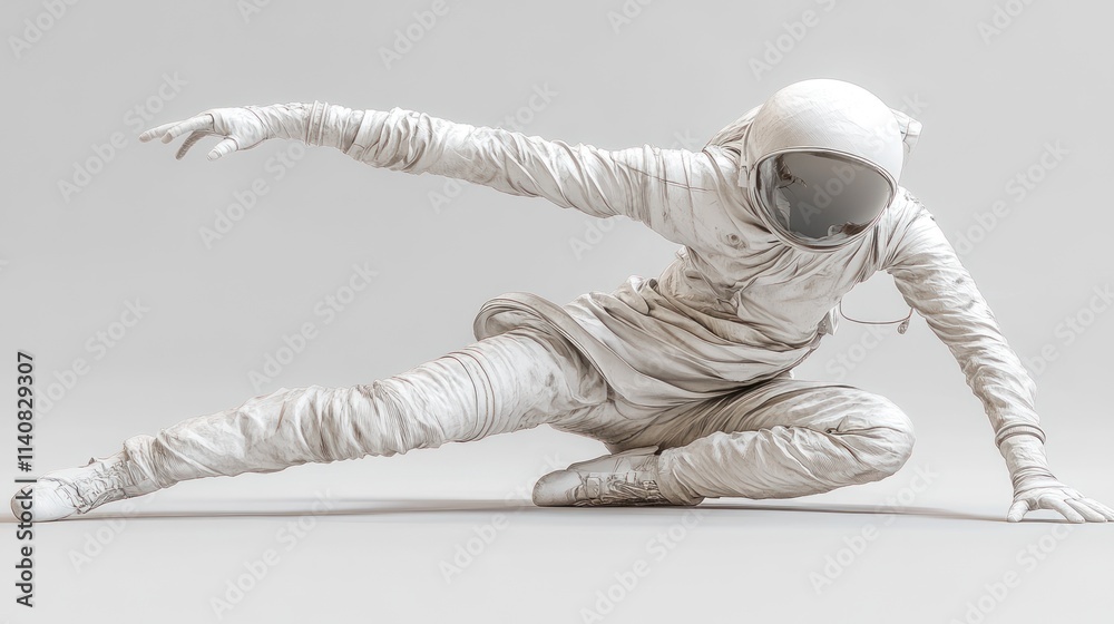 A stylized humanoid figure in a dynamic pose, resembling an astronaut in a minimalist setting. A stylized humanoid figure in a dynamic pose, resembling an astronaut in a minimalist setting.