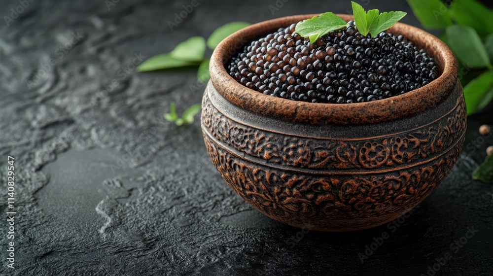 Dark caviar in a rustic bowl, garnished with fresh herbs, on a dark background. Dark caviar in a rustic bowl, garnished with fresh herbs, on a dark background.