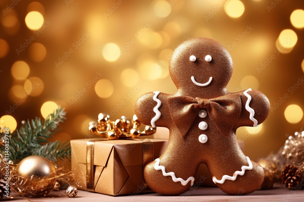 Gingerbread Man Wallpaper, Festive Gingerbread Man with Holiday Gift, Christmas Gingerbread Cookie Background, Gingerbread Man Holiday Scene Wallpaper, Christmas Gingerbread Man Wallpaper