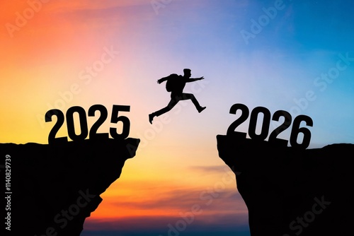 Happy new year 2026,Silhouette Man jumping from 2025 cliff to 2026 cliff on colorful sky background