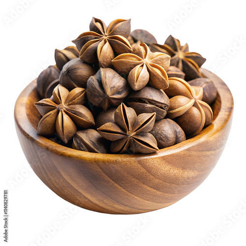 A wooden bowl Dried capsule seeds fruit of sacha Inchi peanut isolated on white background photo