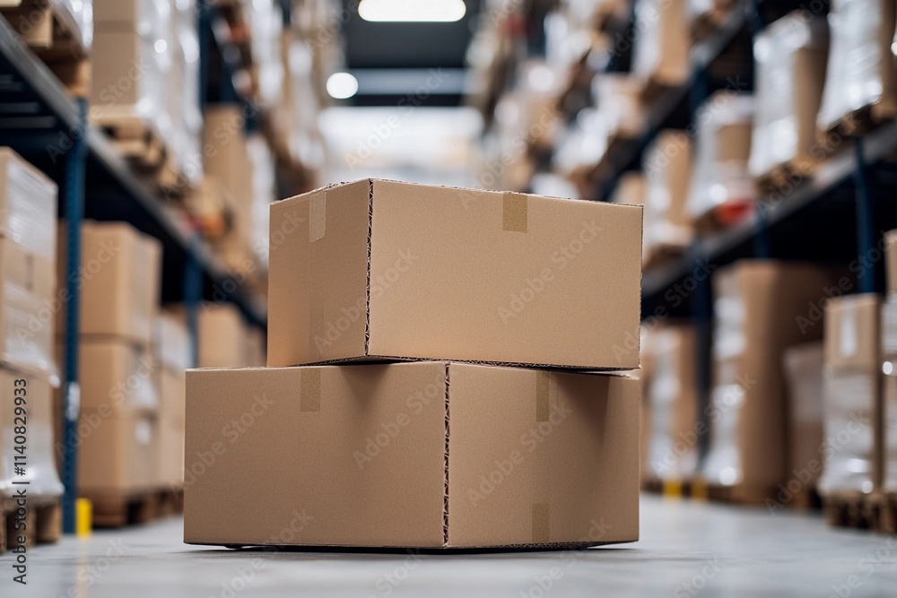 Stacked cardboard boxes in a busy warehouse with organized shelving