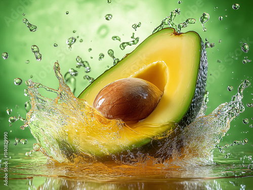 Fresh avocado halves splashing into water with dynamic droplets and vibrant green background, emphasizing health, freshness, and clean nutrition concepts photo