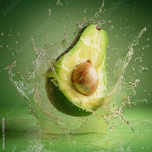 Fresh avocado halves splashing into water with dynamic droplets and vibrant green background, emphasizing health, freshness, and clean nutrition concepts photo