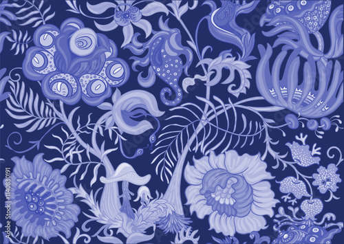 Fantasy, alien hypnotic flowers, decorative flowers and leaves. Cartoon style. Millefleurs trendy floral design. Seamless pattern, background. Outline hand drawing vector illustration.