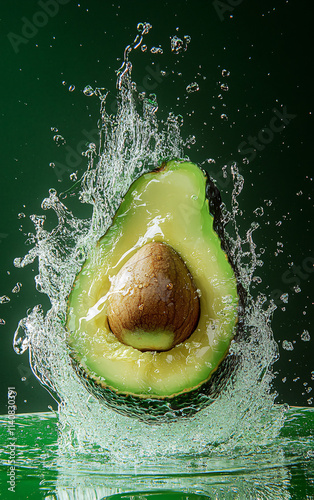 Fresh avocado halves splashing into water with dynamic droplets and vibrant green background, emphasizing health, freshness, and clean nutrition concepts photo