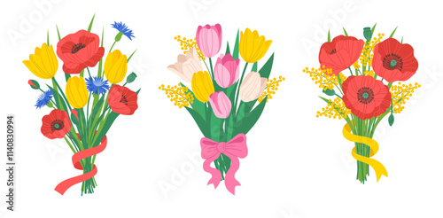 Set of bouquets of colorful spring flowers, tulips and poppies, isolated on white background. Vector illustrations