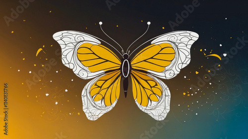 White butterfly line art with hearts and mandala, dark mustard-blue gradient background.