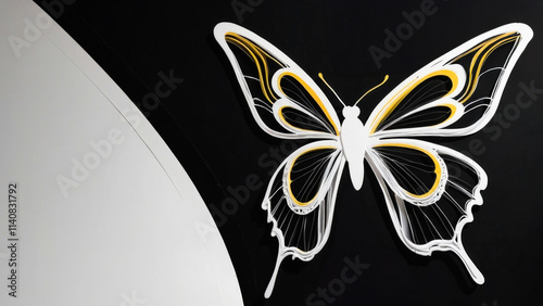 Artistic butterfly with white linework mandala shapes, hearts on dark mustard-blue gradient backdrop