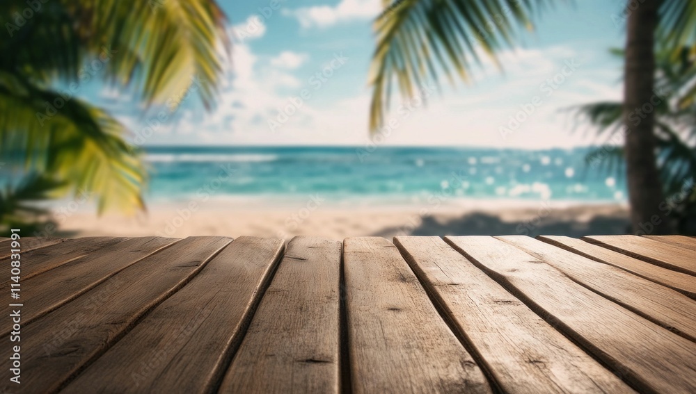 tropical beach, ocean view, palm trees, wooden table, summer paradise, relaxation scene, nature background, vacation vibes, serene landscape with water and sand tropical beach, ocean view, palm trees, wooden table, summer paradise, relaxation scene, nature background, vacation vibes, serene landscape with water and sand