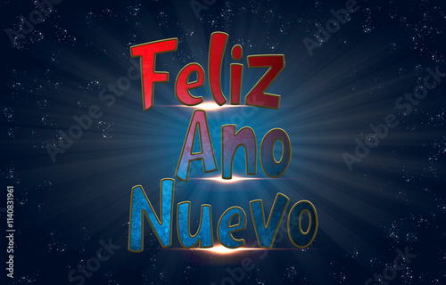 Happy New Year in Spanish language feliz ano nuevo banner, greeting card, wallpaper and background stylized with black background with stars and blue glowing effect and typography.