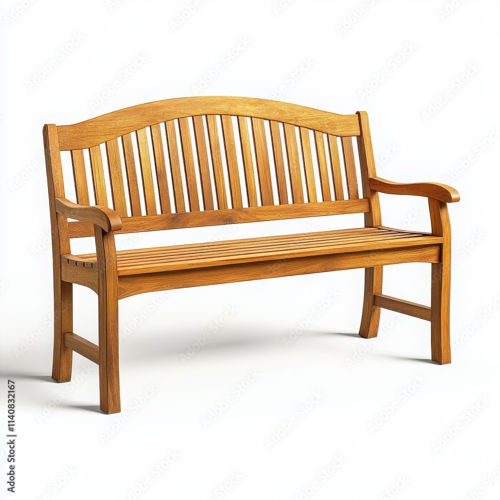 A classic wooden bench with slatted seating and armrests on a white background A classic wooden bench with slatted seating and armrests on a white background