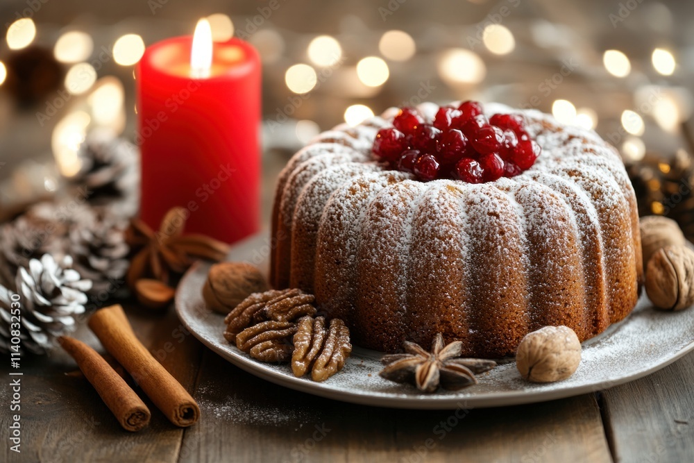 Festive cranberry bundt cake with candle, nuts, and spices. Festive cranberry bundt cake with candle, nuts, and spices.