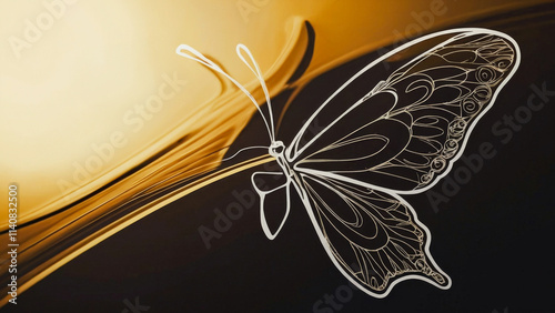 Beautiful butterfly artwork with white lines, mandala shapes dark mustard and blue gradient backdrop