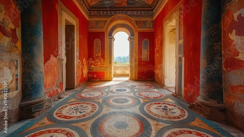 Ancient red hallway, mosaic floor, arched doorway.