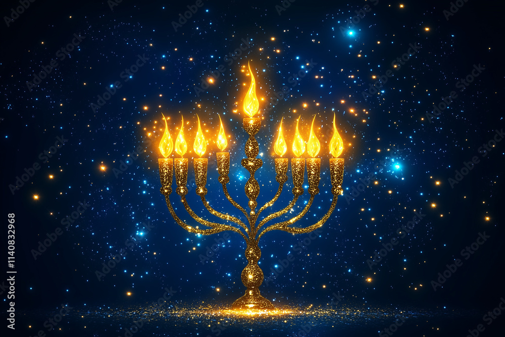 A modern flat design of a menorah in gold and blue tones, surrounded by abstract sparkles. A modern flat design of a menorah in gold and blue tones, surrounded by abstract sparkles.