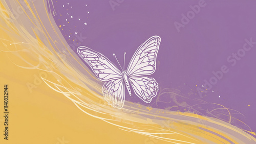 Elegant butterfly illustration featuring white lines, hearts mandala yellow-purple gradient backdrop