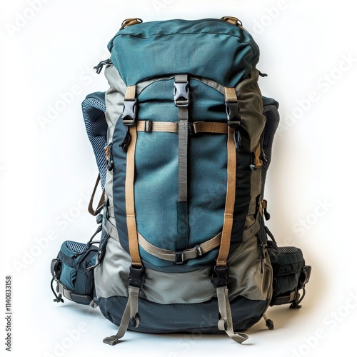 A rugged hiking backpack with adjustable straps and external gear loops on a white background