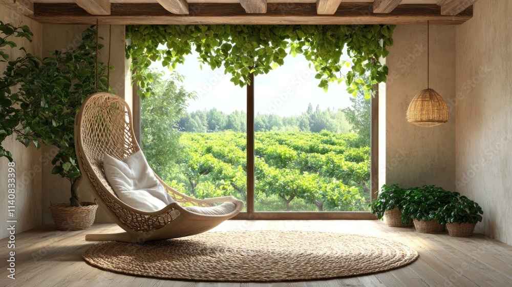 A serene indoor space featuring a cozy chair, plants, and a view of vineyards outside. A serene indoor space featuring a cozy chair, plants, and a view of vineyards outside.