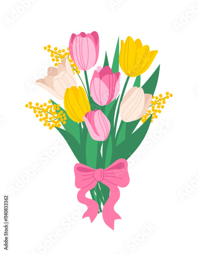 Spring flowers bouquet. Vector illustration of tulip bouquet, mimosa. Floral bouquet with bow. Gift for special day, birthday, valentines day, womens day