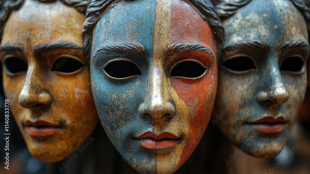Three painted antique masks, side-by-side. Three painted antique masks, side-by-side.
