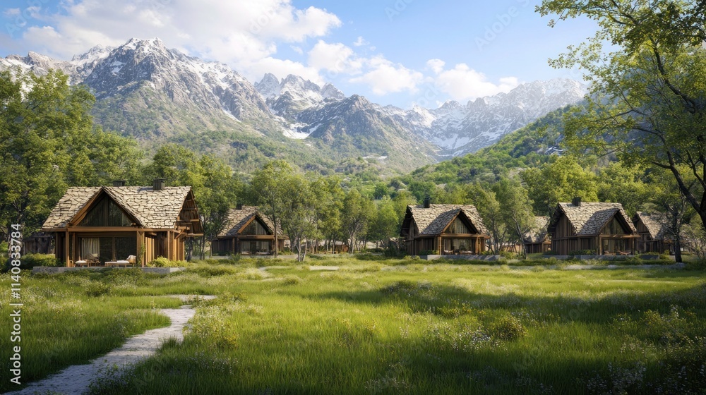 Scenic view of rustic cabins in a lush green valley with mountains in the background. Scenic view of rustic cabins in a lush green valley with mountains in the background.