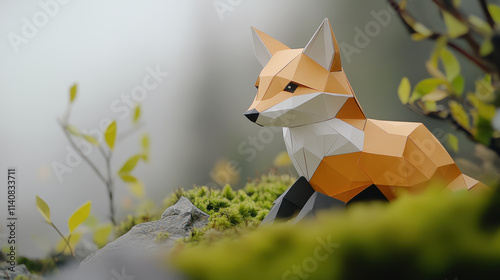 Origami inspired paper sculpture of fox in natural forest setting, surrounded by moss, rocks, and delicate foliage, evoking serene and artistic atmosphere photo